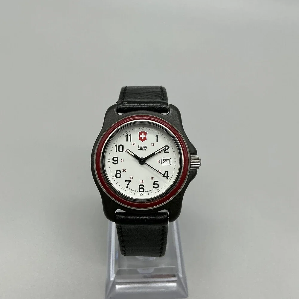 Swiss Army Mens Watch 33mm White Dial Black Leather Red Bezel New Battery